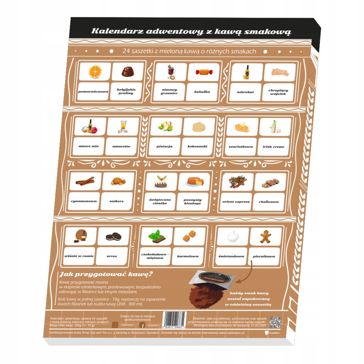 KALENDARZ ADWENTOWY Z KAWĄ 2025 24 RÓŻNE SMAKI KAW AROMATYZOWANYCH CUP&YOU - PREZENT UPOMINEK NA ŚWIĘTA MIKOŁAJA DLA KOBIETY MĘŻCZYZNY FACETA