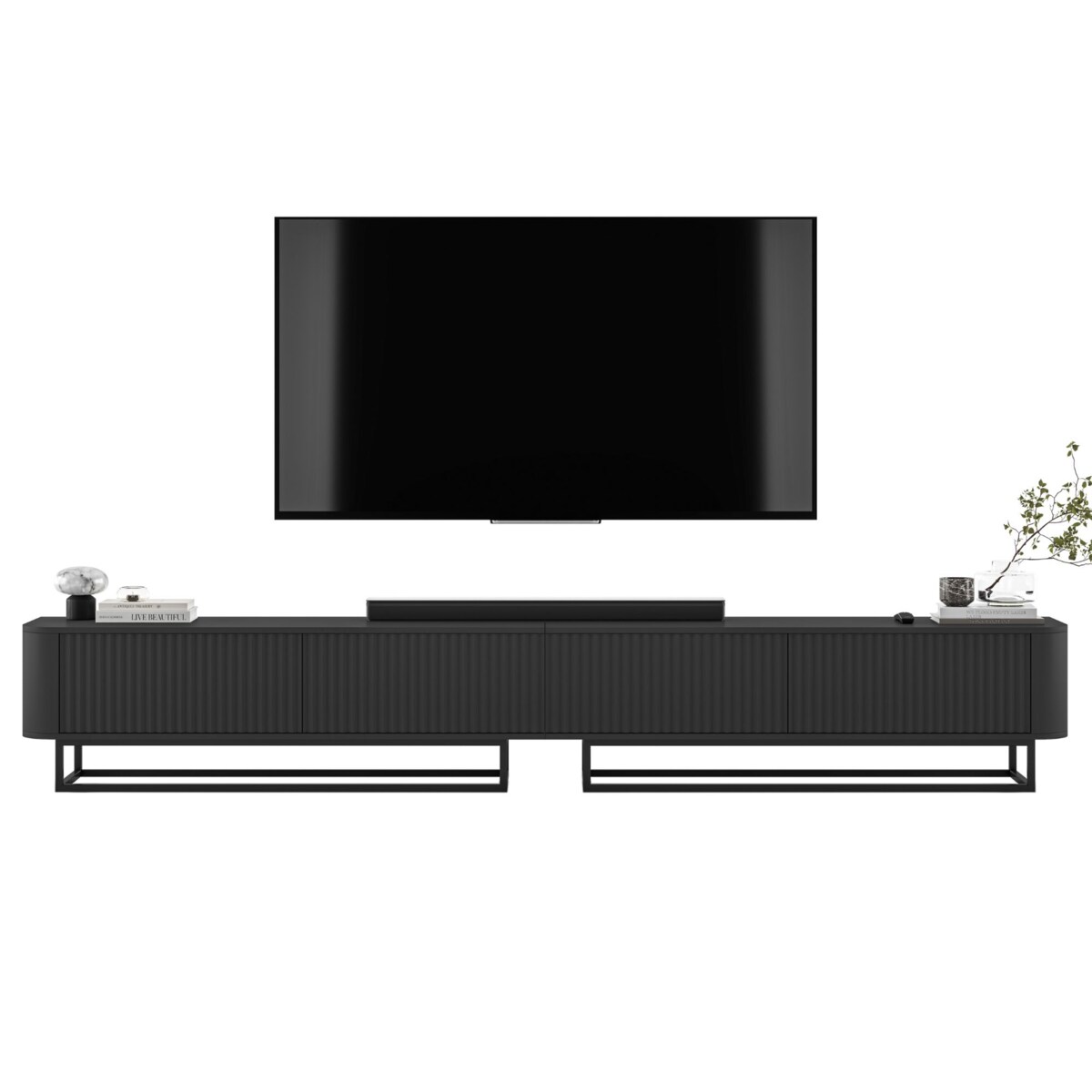 Szafka RTV Stojąca 280 cm Glamour Czarny Mat Czarna Rama Nowoczesna Komoda RTV
