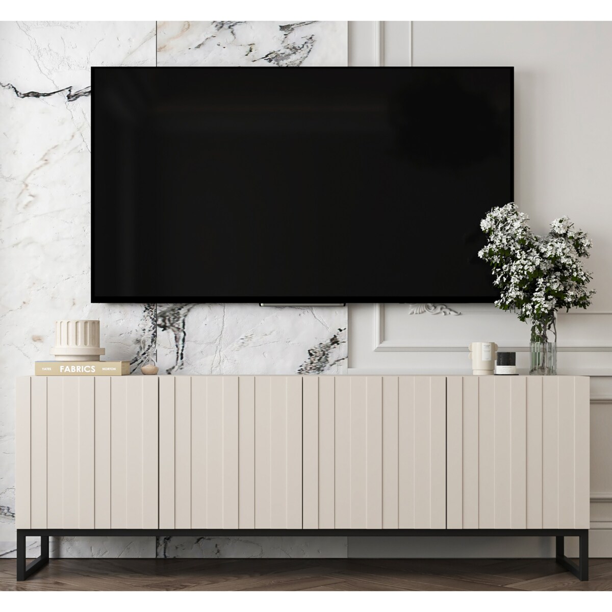 Szafka RTV Kaszmir Mat Nowoczesna Komoda RTV Loft Ryflowane Fronty Glamour 150 cm