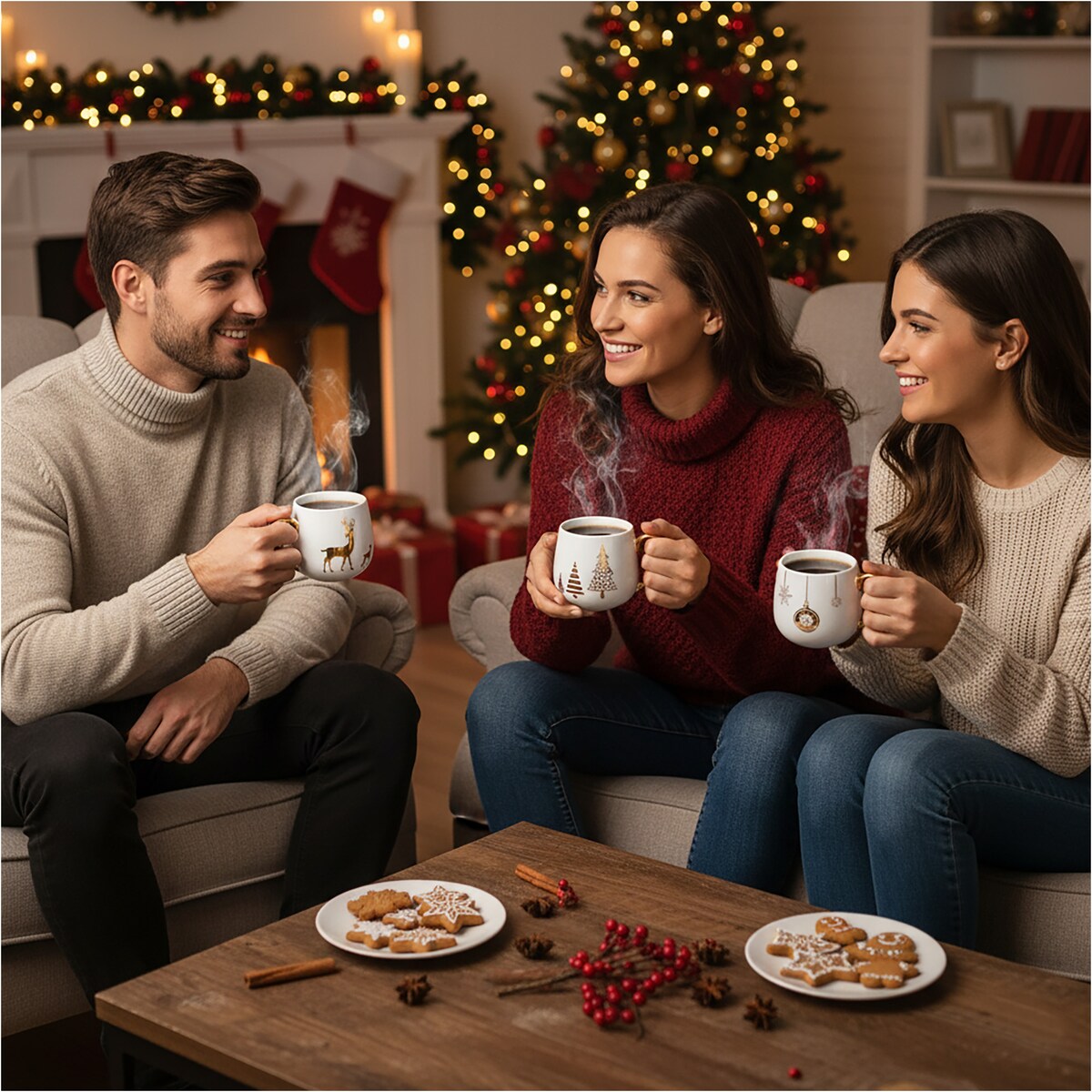 Kubek Z Uchem Świąteczny Porcelanowy Biało-Złoty 375 Ml Choinka