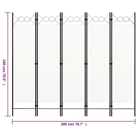 vidaXL Parawan 5-panelowy, biały, 200 x 180 cm