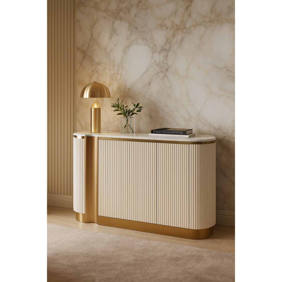 Ryflowana komoda biała złota Nutris Glamour Premium z blatem marmurowym 158x40x88