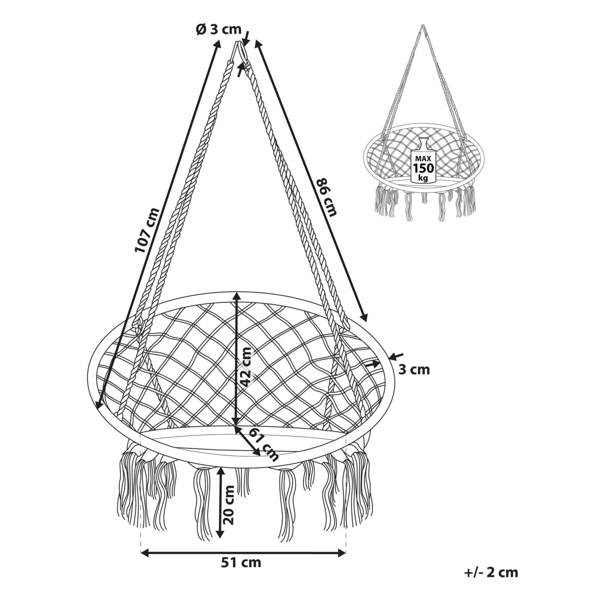 Fotel wiszący huśtawka makrama szary GABELLA