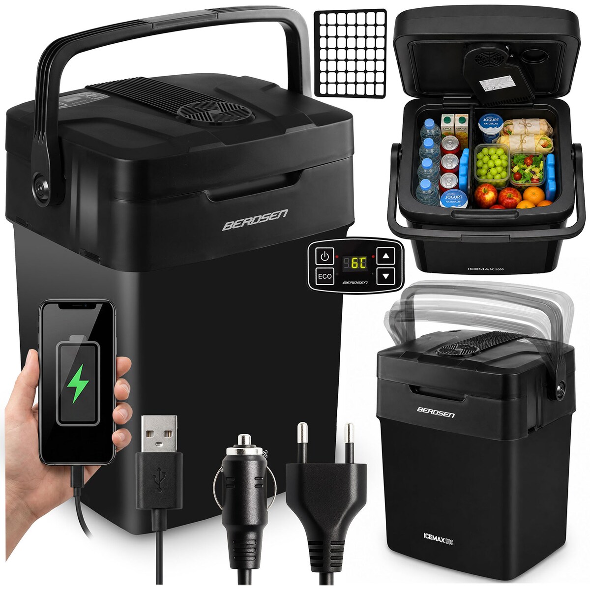 Lodówka turystyczna samochodowa Berdsen Icemax 29L czarna 12V/230V USB funkcja grzania