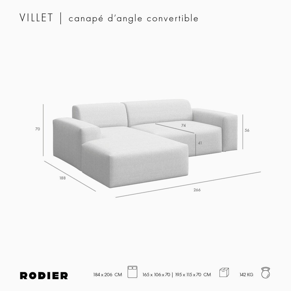 Villet Sofa narożna lewa z funkcją spania i pojemnikiem szara