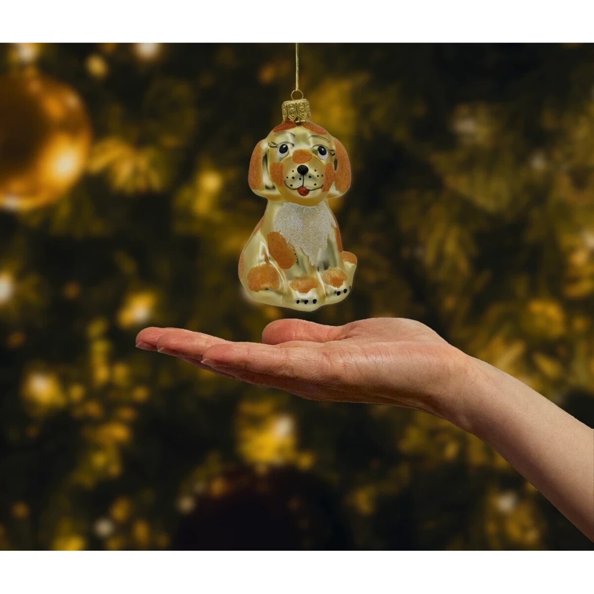 Bombka choinkowa: Złoty piesek z rudymi łatkami