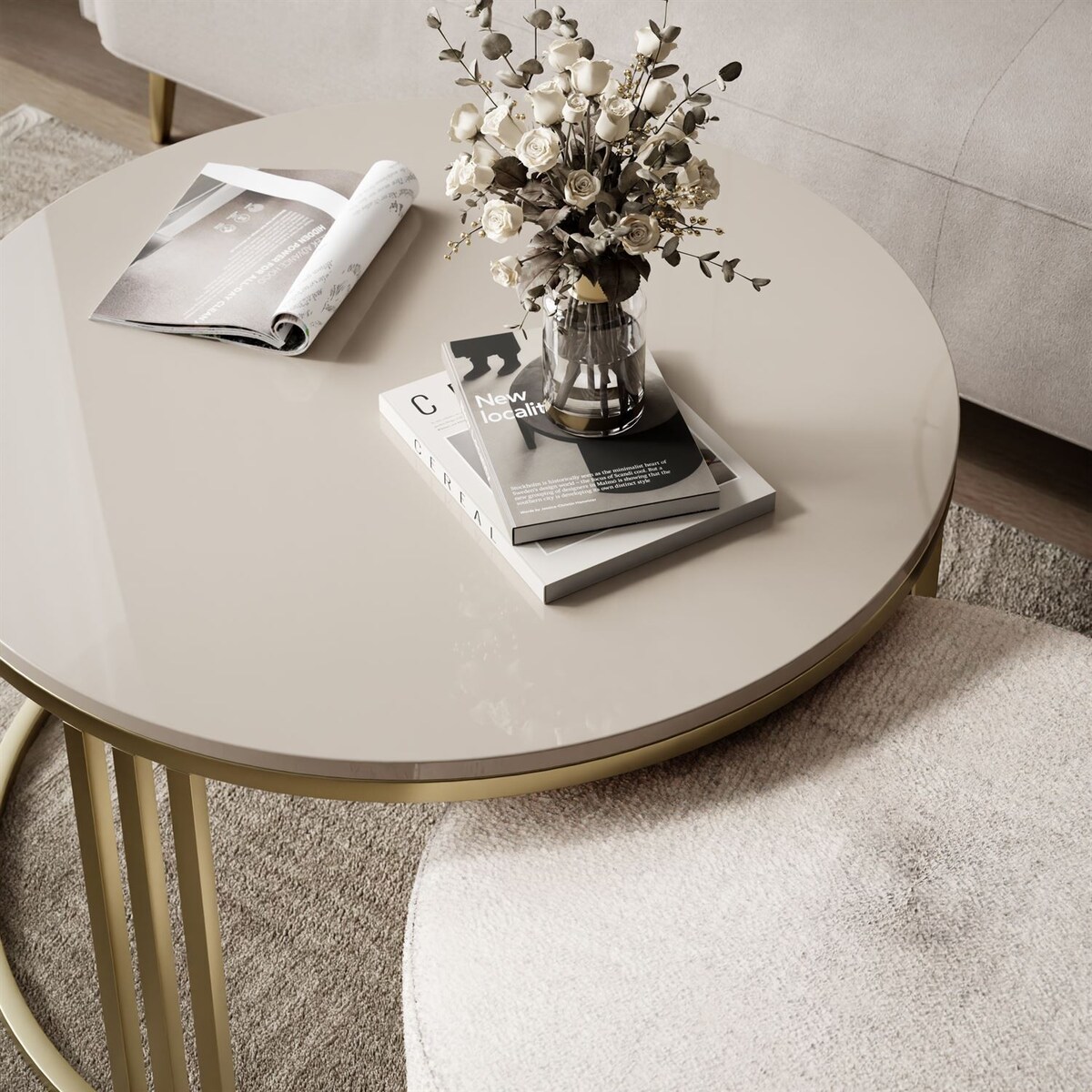 Stolik kawowy z pufą LORI POŁYSK złoto szczotkowane, kaszmir / Perfect Harmony 01