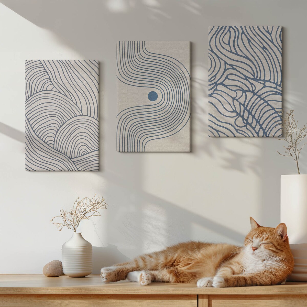 Zestaw 3 małych obrazów na płótnie - Abstrakcyjne linie fale kształty - niebieski