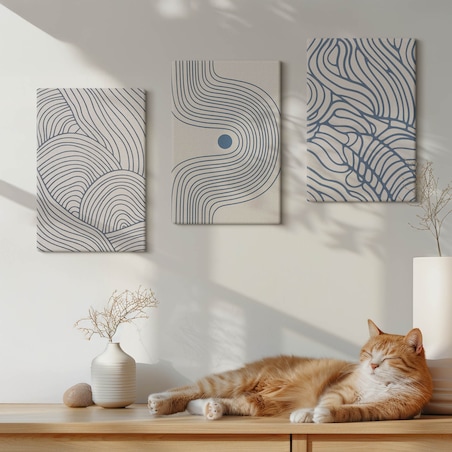 Zestaw 3 małych obrazów na płótnie - Abstrakcyjne linie fale kształty - niebieski