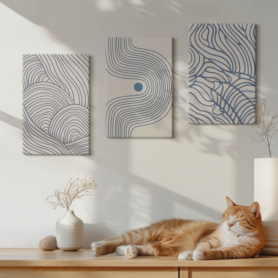 Zestaw 3 małych obrazów na płótnie - Abstrakcyjne linie fale kształty - niebieski