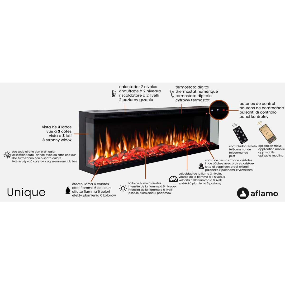 Kominek elektryczny à 3 côtés AFLAMO Unique 107 - ścienny i do zabudowy - 107x44x20 cm - kominek LED - funkcja grzania 750/1500 W