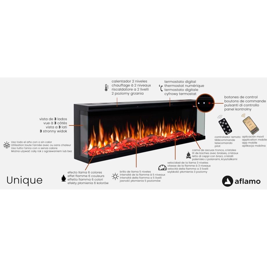 Kominek elektryczny à 3 côtés AFLAMO Unique 107 - ścienny i do zabudowy - 107x44x20 cm - kominek LED - funkcja grzania 750/1500 W