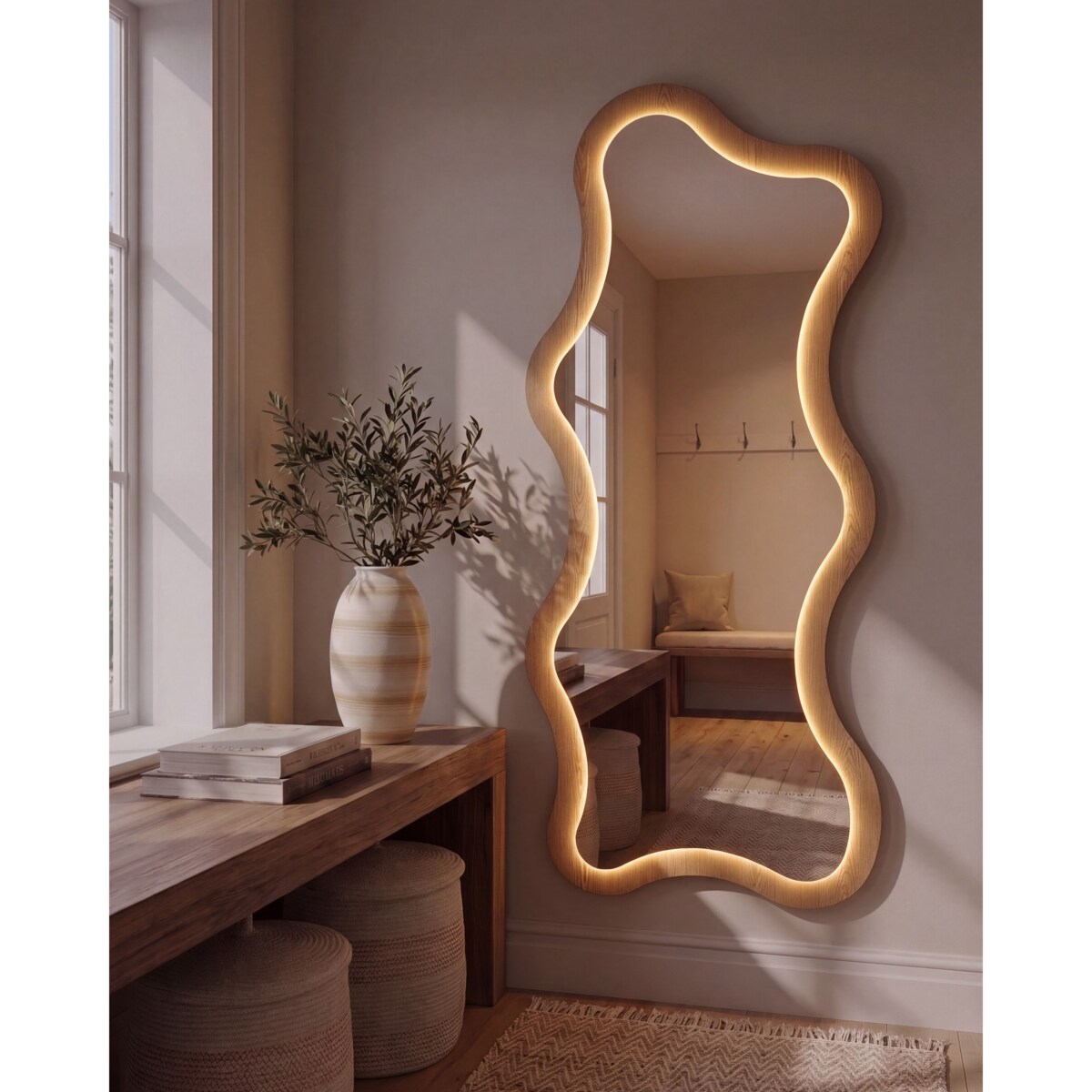 Lustro ścienne COMBRE 61 cm 170 cm LED Jasnobrązowy