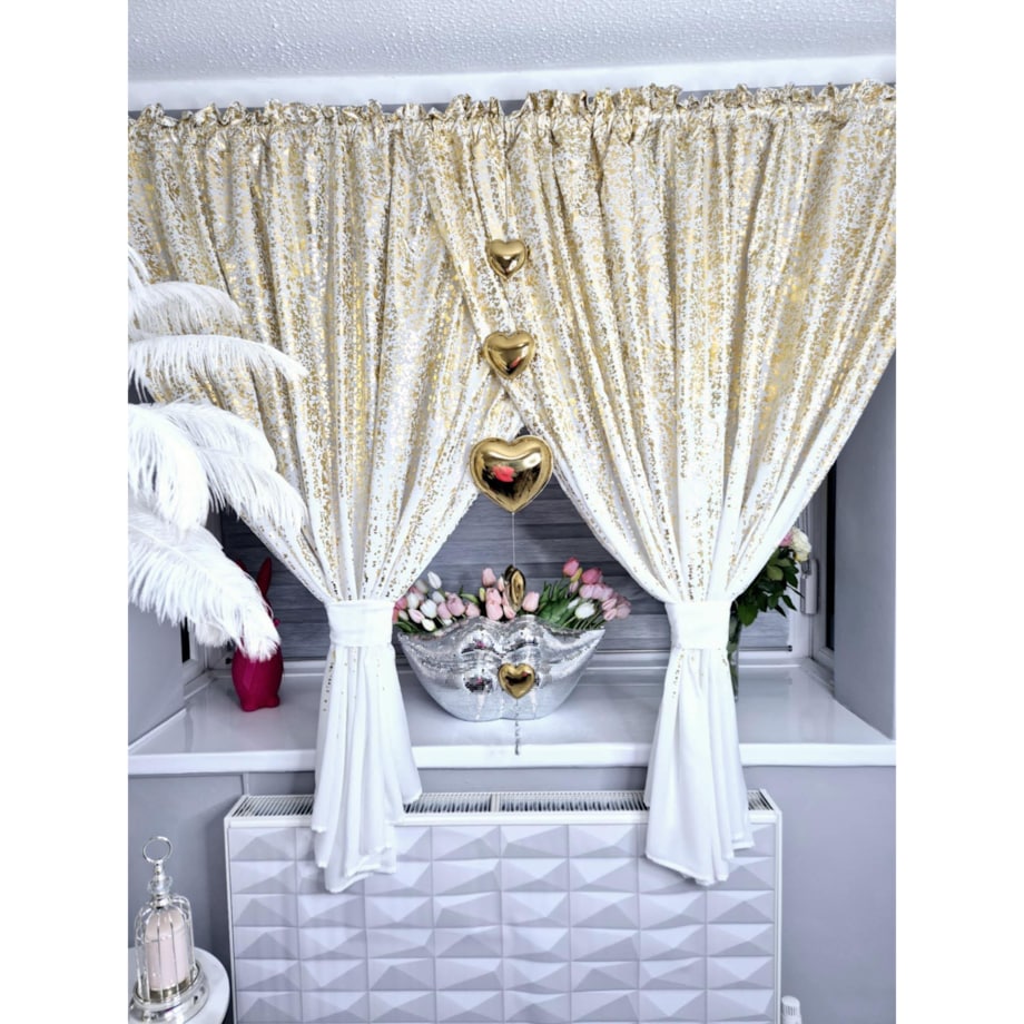 firana zakładana "złoty deszcz" ze złotym printem 400x160 | biała