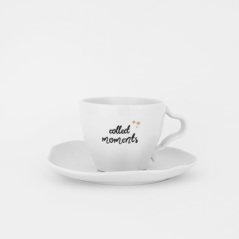 Asymetryczna filiżanka porcelanowa 200 ml ze spodkiem "Collect moments" ze złotymi gwiazdkami - prezent dla niej