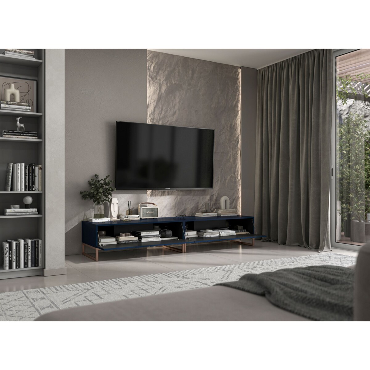 Nowoczesna Szafka RTV Glamour Komoda RTV Ryflowane fronty Granatowy Mat 220 cm