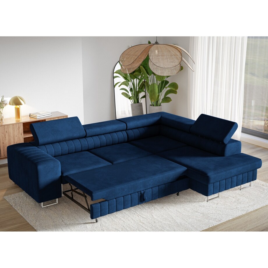 Narożnik NOLA do salonu, na srebrnych nogach-prawostronny- welur, granatowy