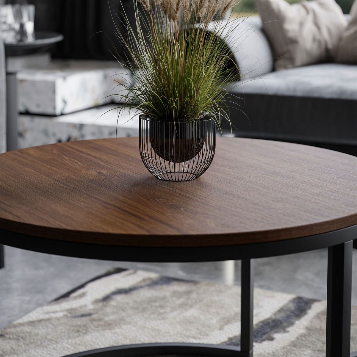 Okrągły stolik kawowy 2w1 CIRI SLIM MIX dąb stirling czarny