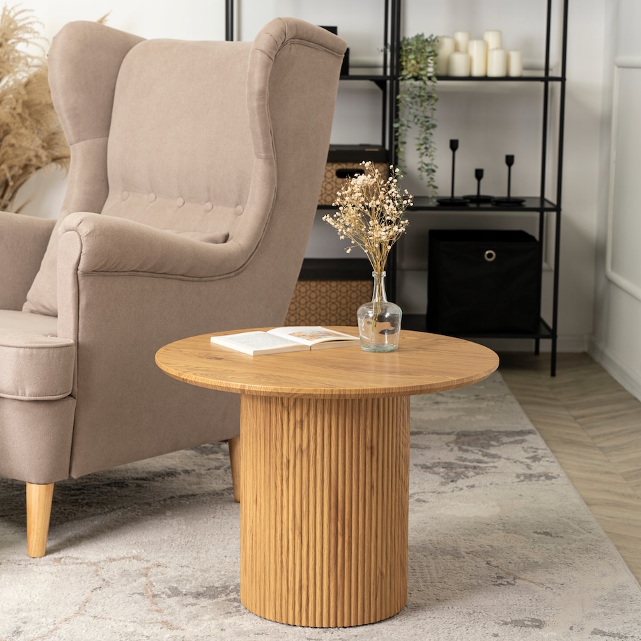 Stolik Kawowy Okrągły Mały Dąb Lamel Loft Nowoczesny Okrągła Ława MAYLIN