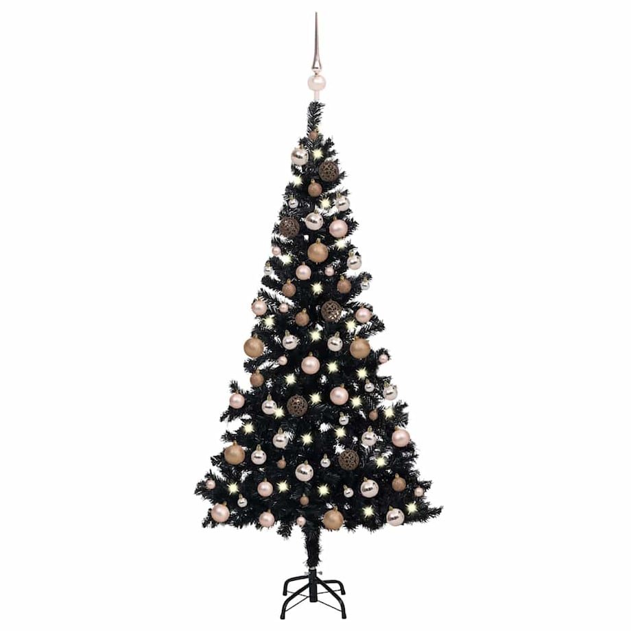 vidaXL Sztuczna choinka z lampkami i bombkami, czarna, 120 cm, PVC