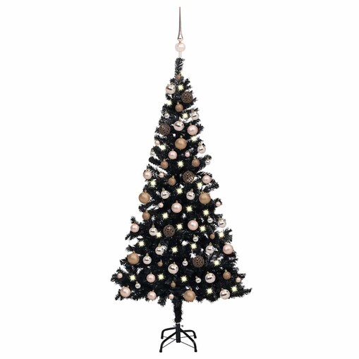 vidaXL Sztuczna choinka z lampkami i bombkami, czarna, 120 cm, PVC