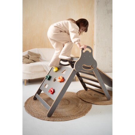 Drabinka Pikler ŚCIANKA WSPINACZKOWA + DUŻA zjeżdżalnia CHMURKI - szara