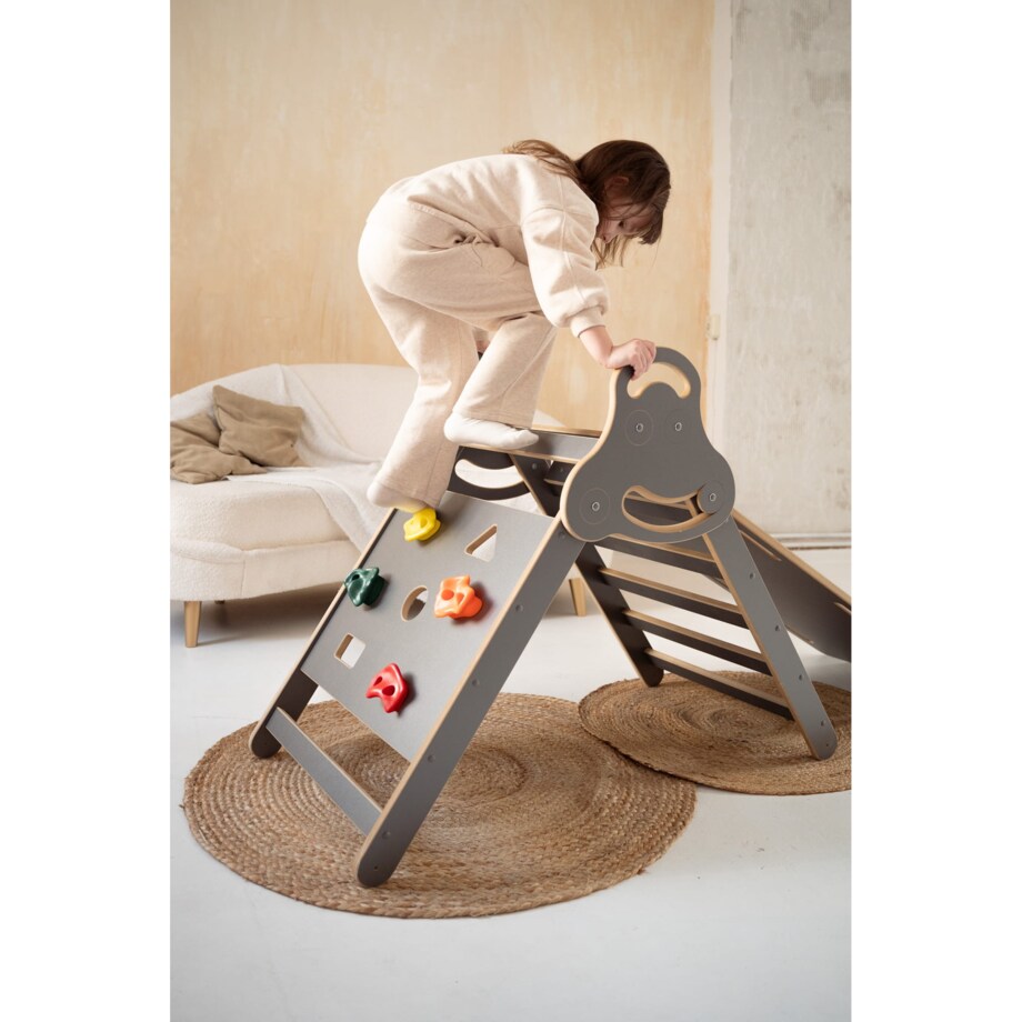 Drabinka Pikler ŚCIANKA WSPINACZKOWA + DUŻA zjeżdżalnia CHMURKI - szara