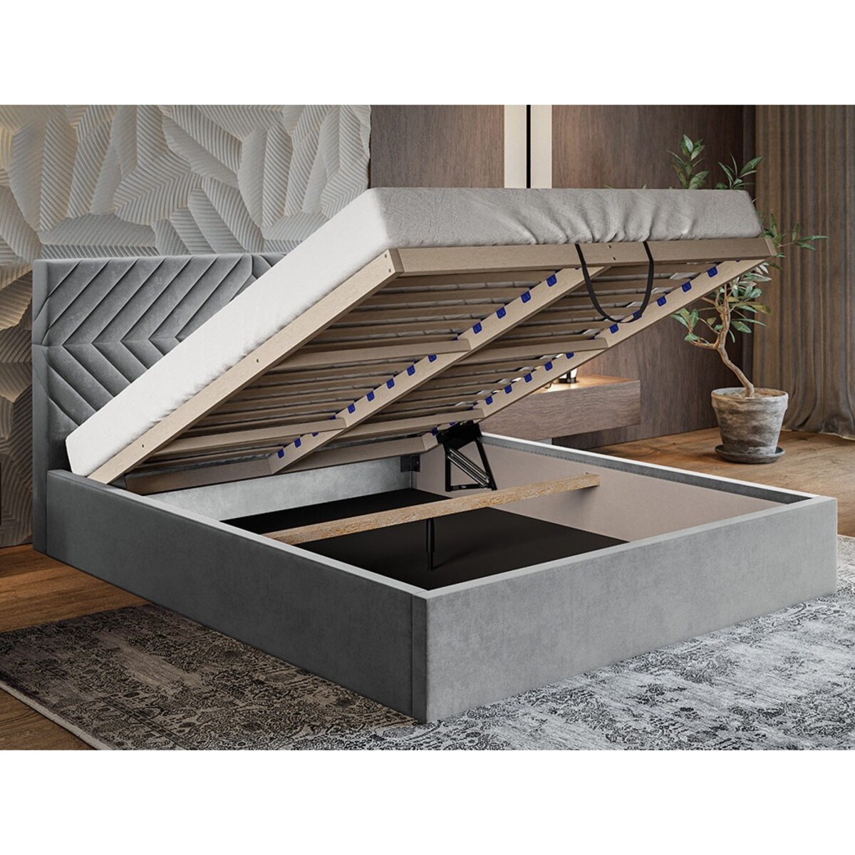 Łóżko tapicerowane 140x200 OLDO 2 z pojemnikiem, do sypialni- szare