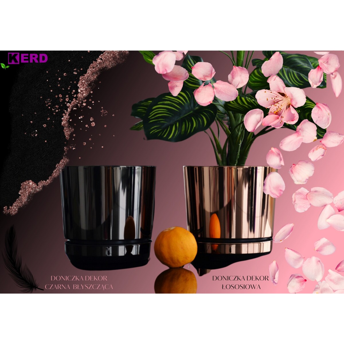 16 Doniczka DUO ŁOSOSIOWA z podstawką CZARNA dwukolorowa nowoczesna glamour wysoki połysk elegancka różowe złoto industrialny loft