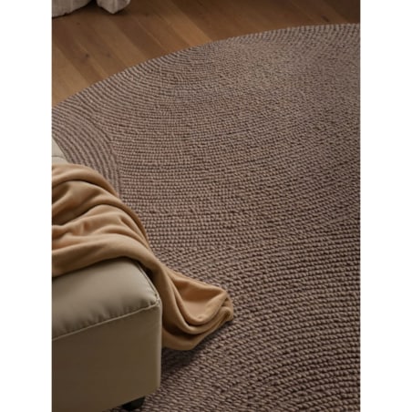 Dywan okrągły wełniany do salonu 120cm, brązowy wzór w półkola, efekt 3d