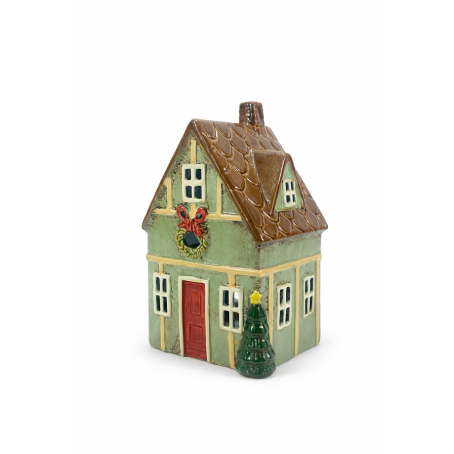 Ceramiczny domek na tea-lighty 21x13x10 cm DOMETTO miętowy z brązowym dachem