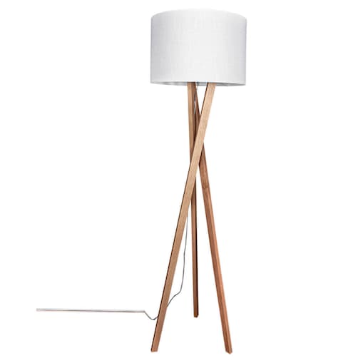Stojąca lampa abażurowa Vega drewniana na trójnogu biała