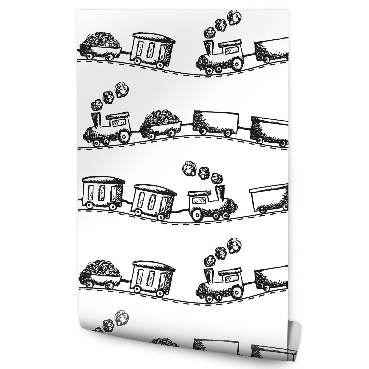 Tapeta Dziecięca Czarno-Białe KOLEJKI Pociągi Parowozy