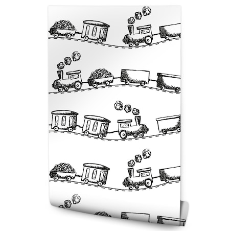Tapeta Dziecięca Czarno-Białe KOLEJKI Pociągi Parowozy