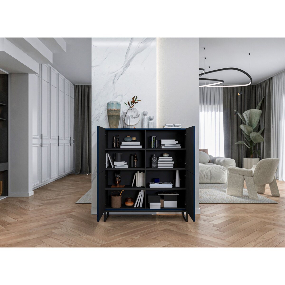 Komoda RTV Loft Szafka RTV Glamour Granatowy Mat 112 cm Ryflowane fronty Mat Metalowa Rama