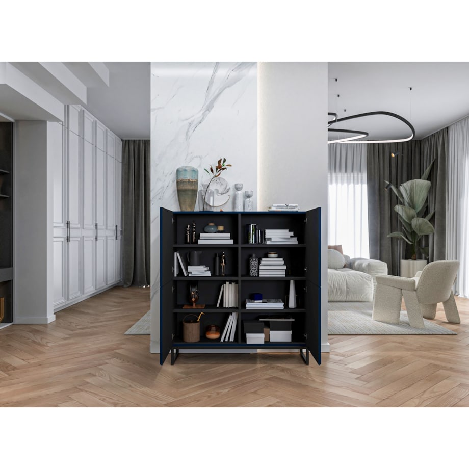 Komoda RTV Loft Szafka RTV Glamour Granatowy Mat 112 cm Ryflowane fronty Mat Metalowa Rama