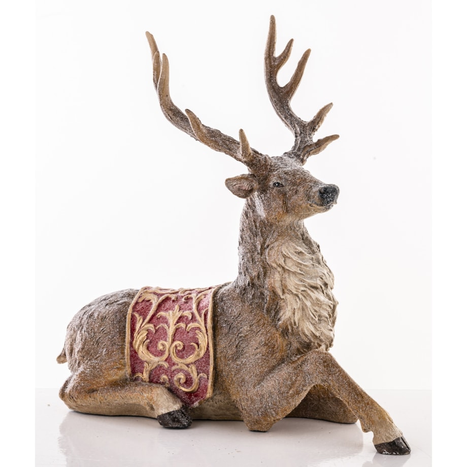Figurka - leżący jeleń 29x29x13 cm OLEN z czerwono-złotą derką