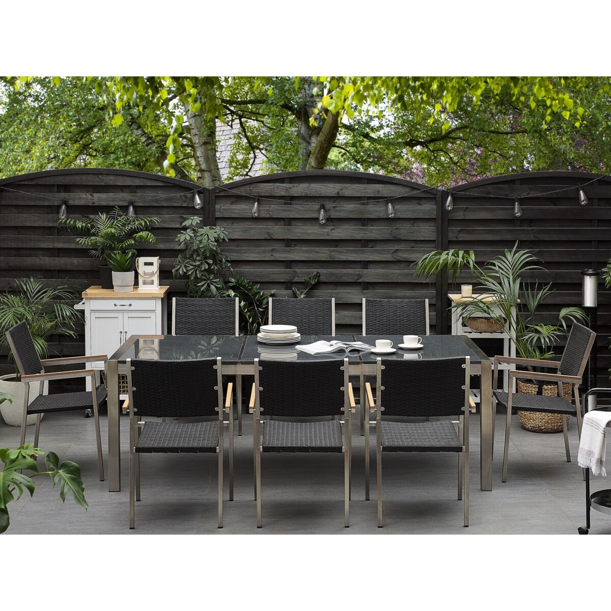 Zestaw ogrodowy stół granitowy dzielony blat szary i 8 krzeseł rattanowych czarnych GROSSETO