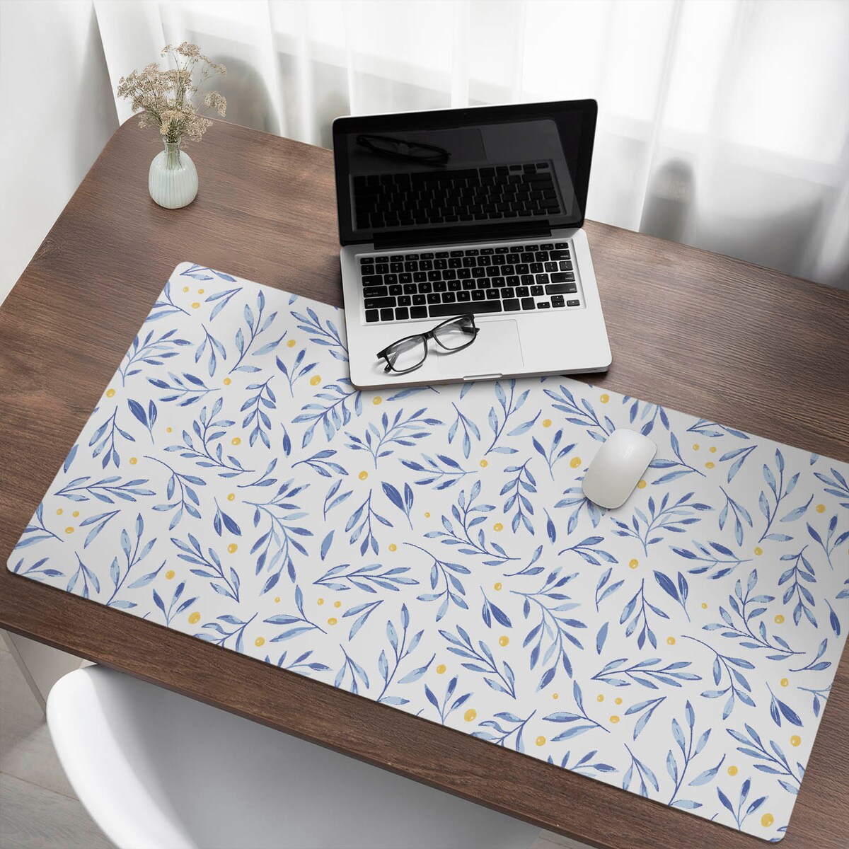 Niebieska mata na biurko Liście akwarelowe, 120x60 cm