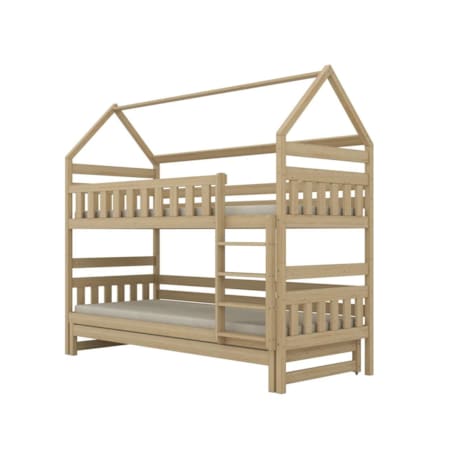 Łóżko piętrowe domek FELIKS 180x90 sosna nielakierowana drewniane trzyosobowe