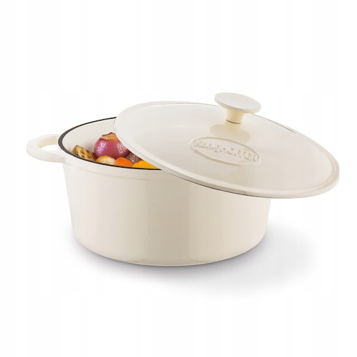 Gęsiarka żeliwna emaliowana brytfanna garnek 5 L okrągła KREMOWA gotowanie