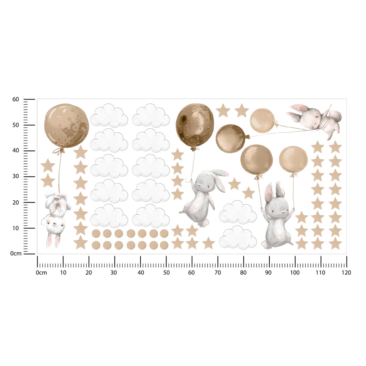 Naklejki Na Ścianę Dla Dzieci Króliczki Balony Chmury Gwiazdy Kropki ZESTAW 120x60cm