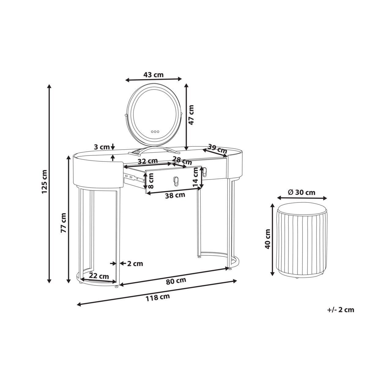 Toaletka 2 szuflady lustro LED z pufem zielono-złota VINAX