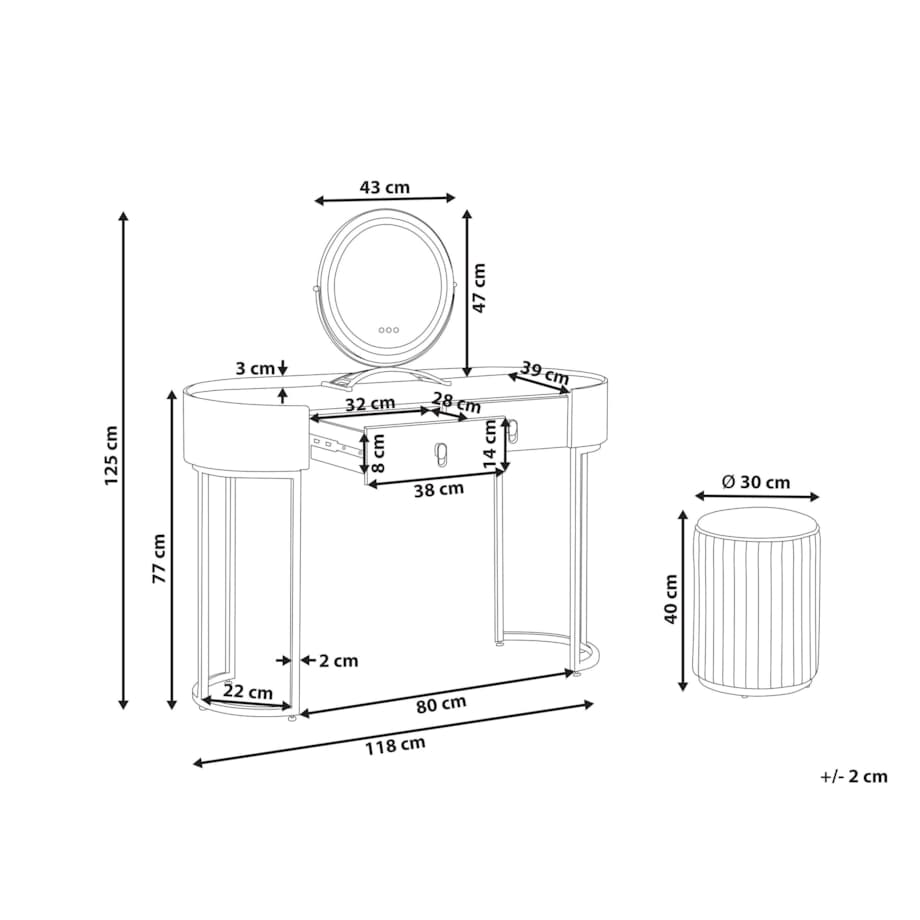 Toaletka 2 szuflady lustro LED z pufem zielono-złota VINAX