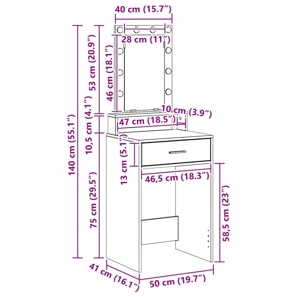 vidaXL Toaletka Biały 50 x 41 x 140 cm Materiał drewnopochodny