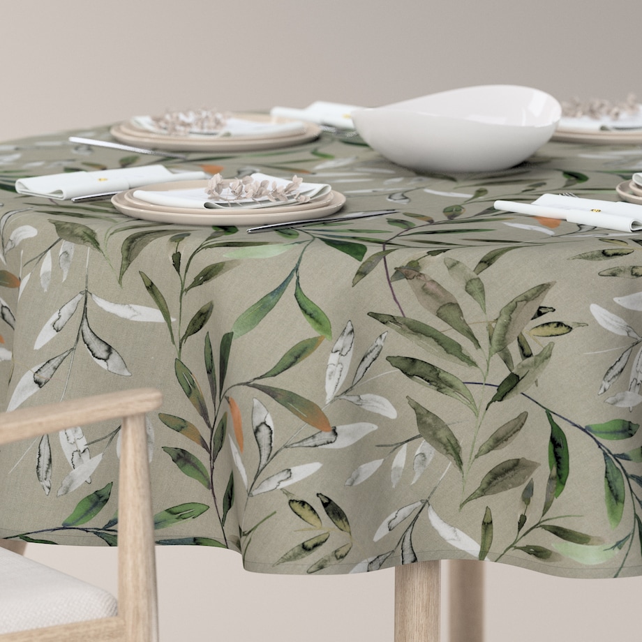 Obrus okrągły 160 x 160 cm zielone gałązki na szarym tle