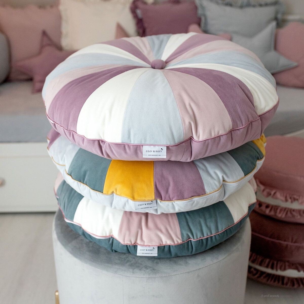 Pufa dla dzieci Pink Velvet patchworkowe siedzisko