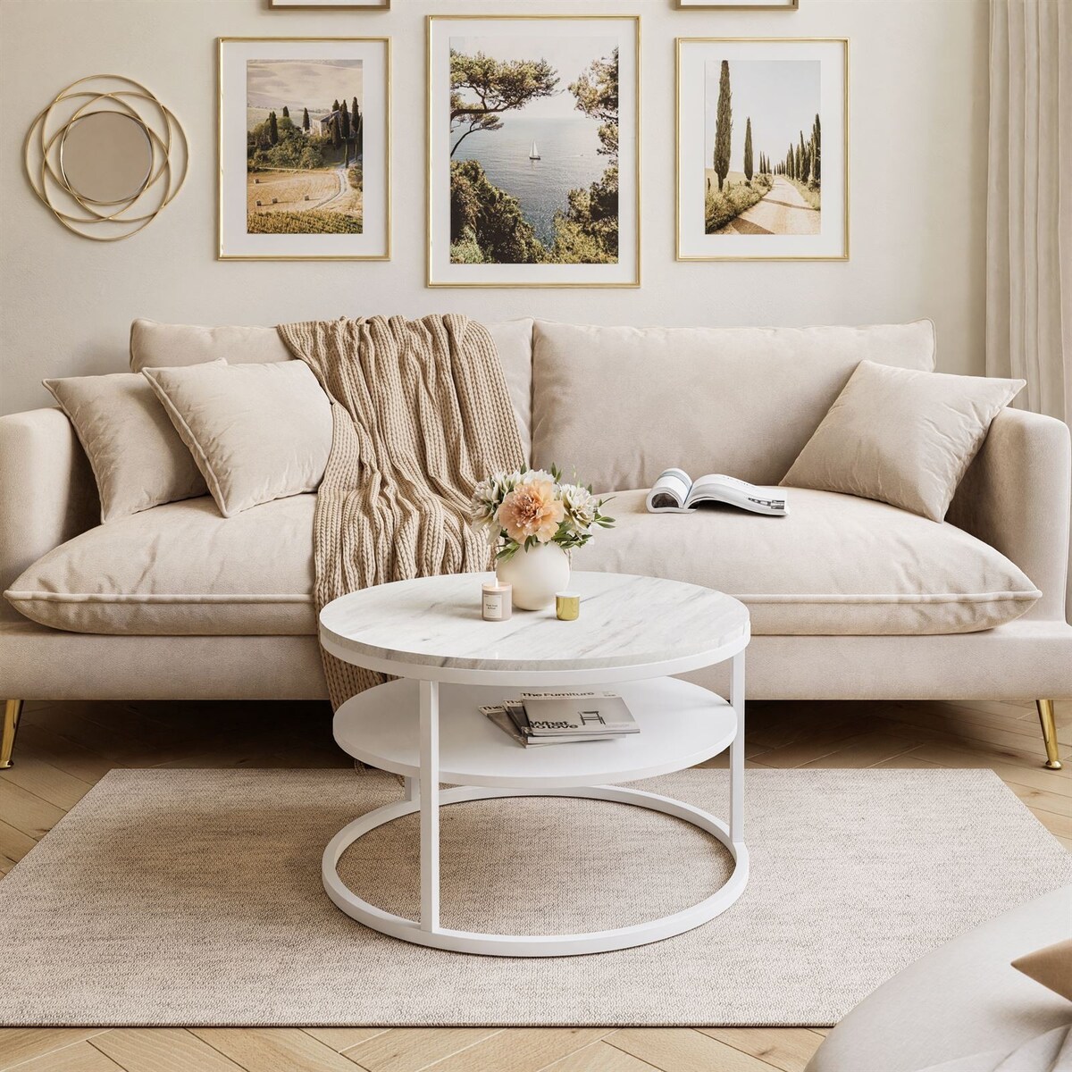 Okrągły stolik kawowy CIRI SLIM z półką biały marmur levanto