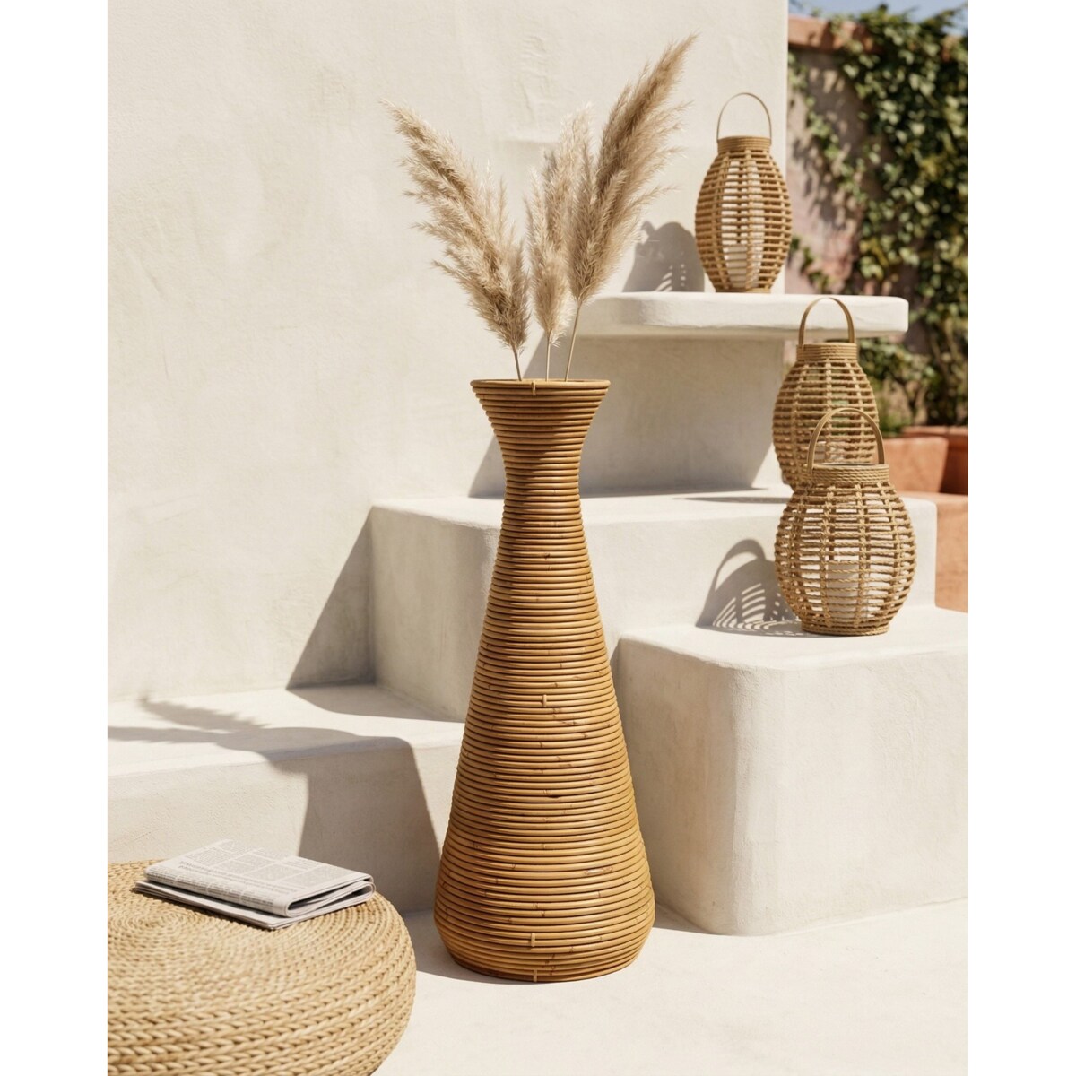 Wazon dekoracyjny NIDRI Rattan 70 cm Naturalny