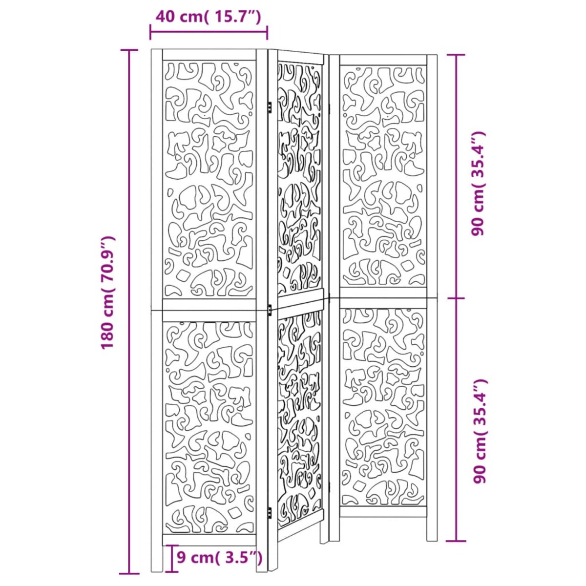 vidaXL Parawan pokojowy, 3-panelowy, czarny, lite drewno paulowni